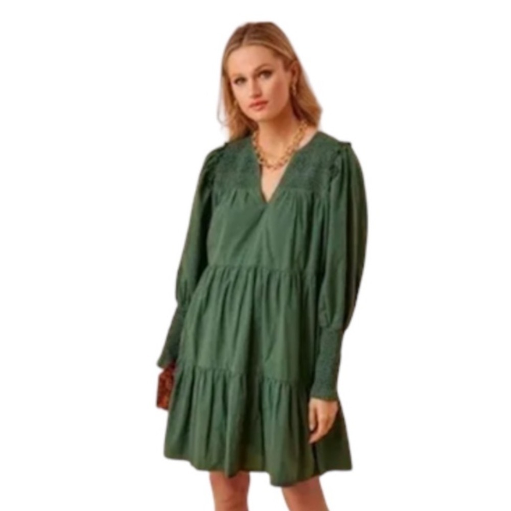 Pomander Place Jaguar Green Ceci Tiered Smocked Dress Long Sleeve Sz XS
